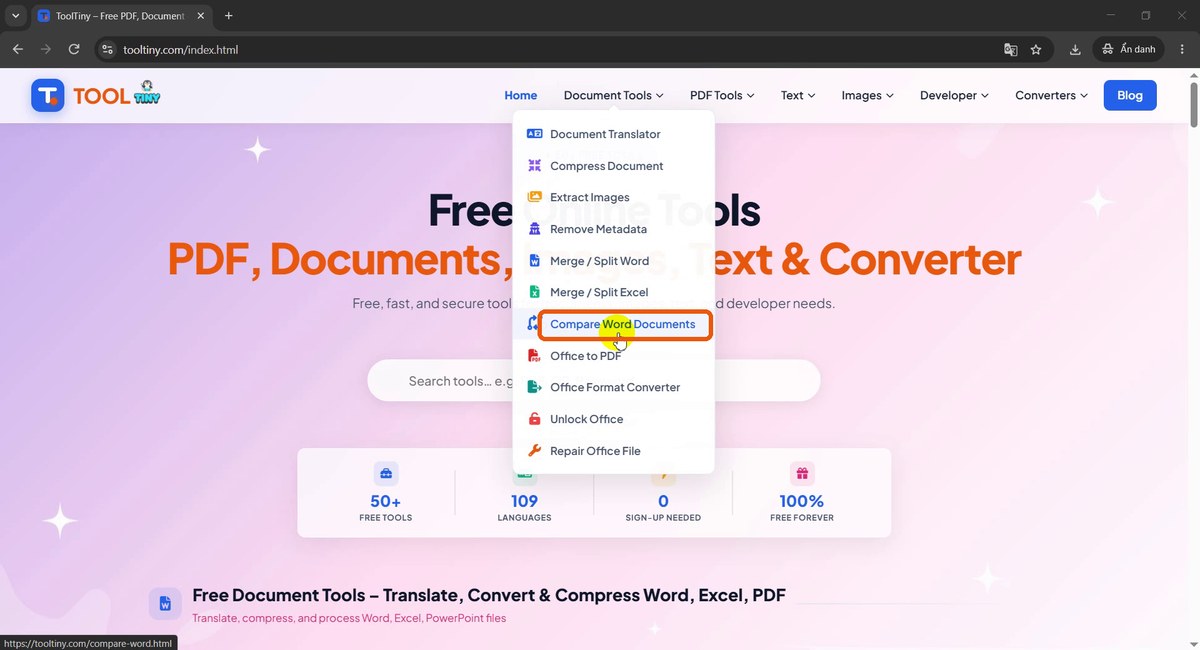 Document Tools menu with Compare Word Documents highlighted