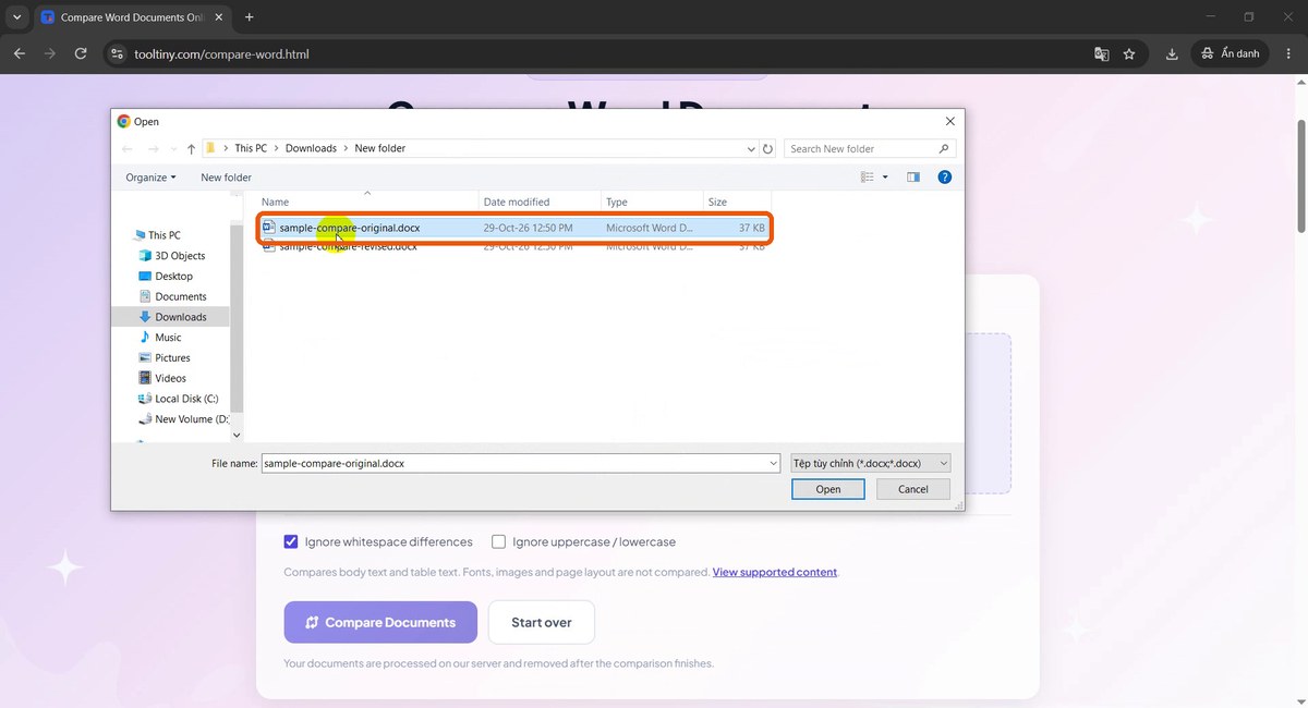 Open dialog with sample-compare-original.docx selected