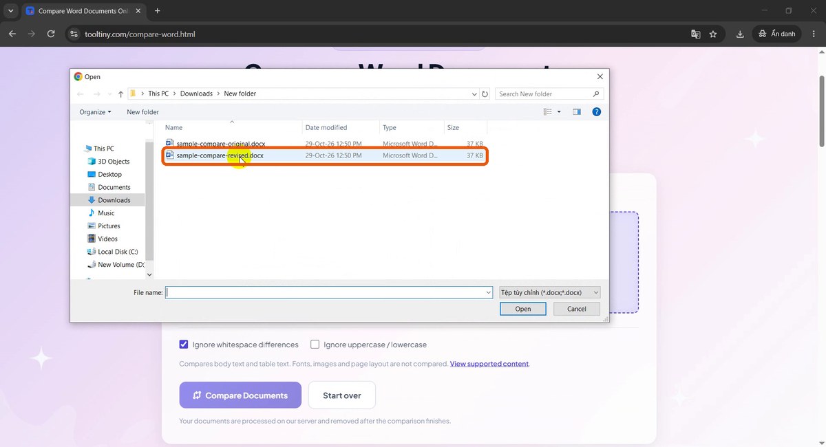 Open dialog with sample-compare-revised.docx selected