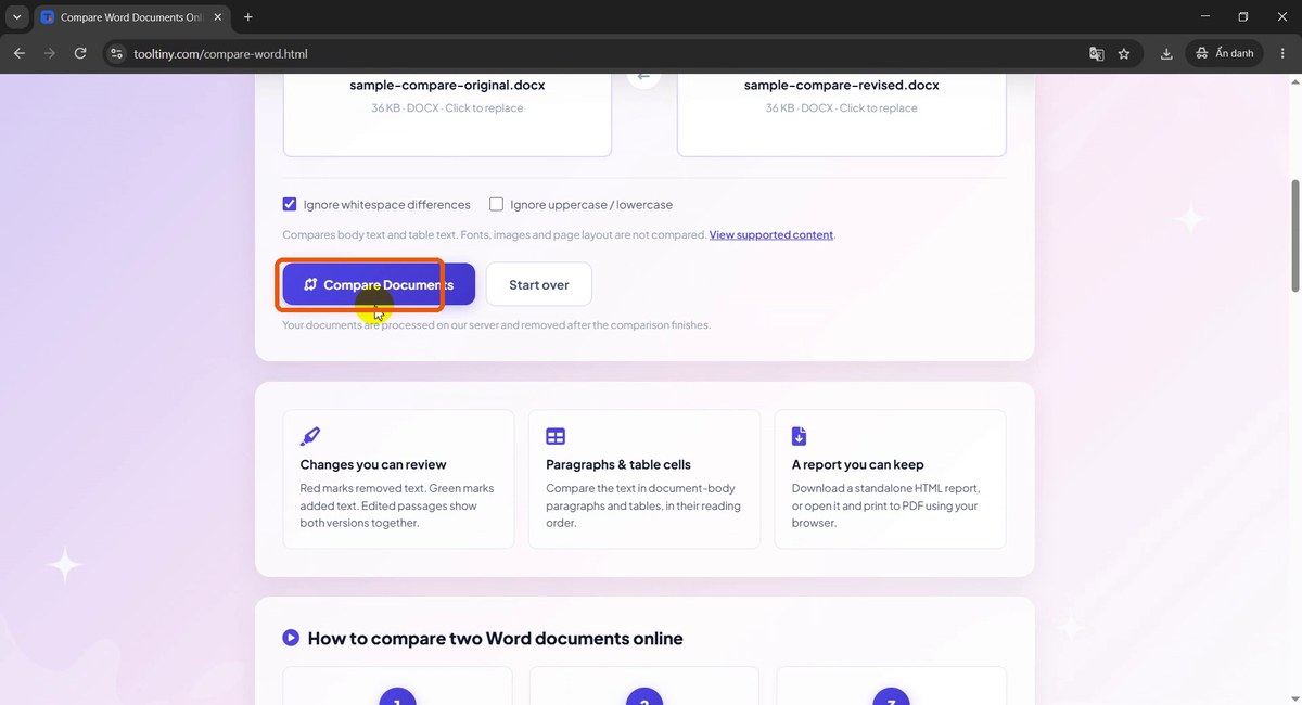 Compare Documents button highlighted