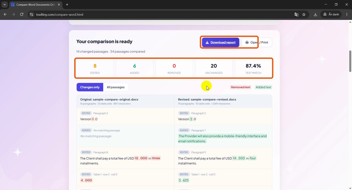 Comparison summary with counts and the Download report button