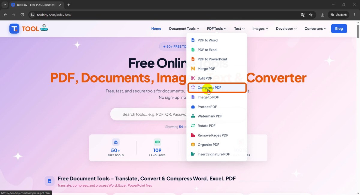 PDF Tools menu with Compress PDF highlighted