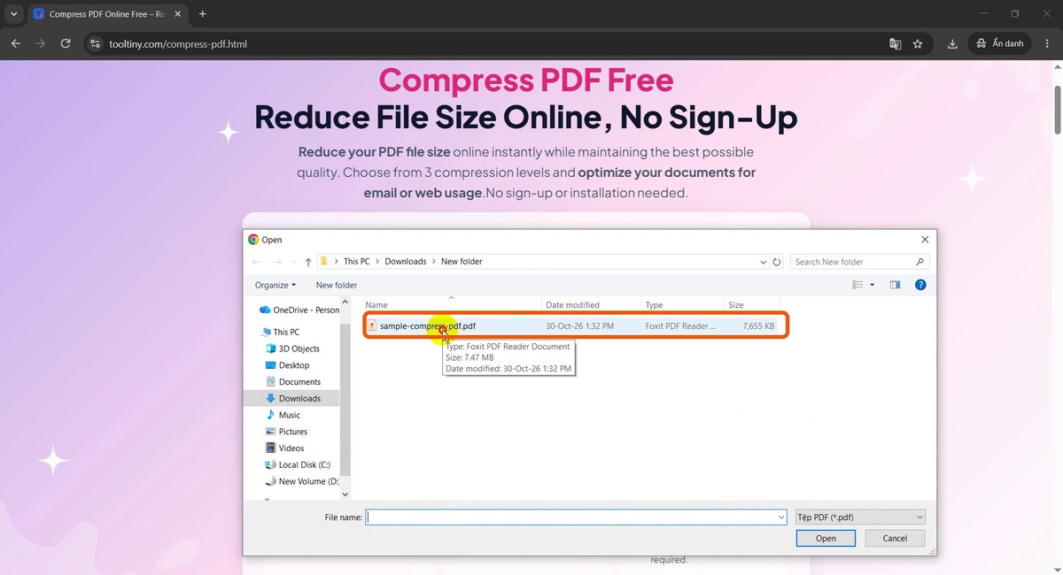 Open dialog with sample-compress-pdf.pdf selected