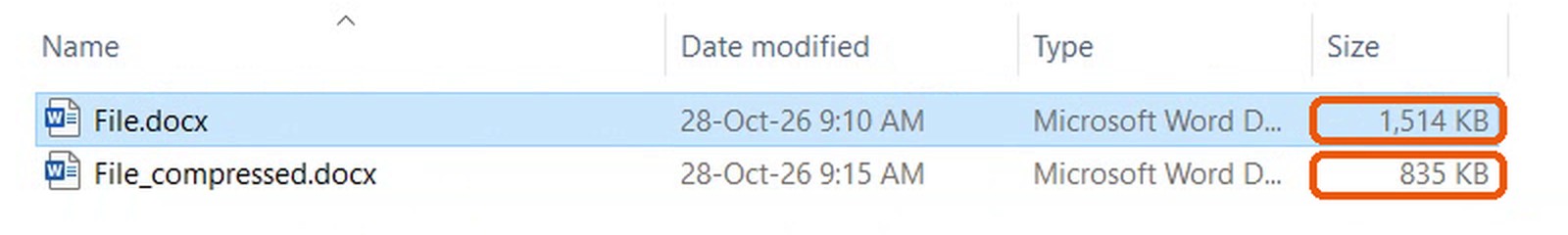 File Explorer showing File.docx at 1,514 KB and File_compressed.docx at 835 KB