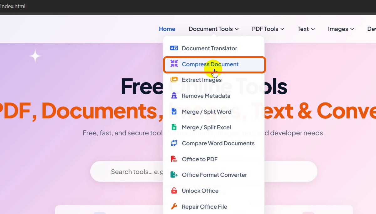 Document Tools menu with Compress Document highlighted