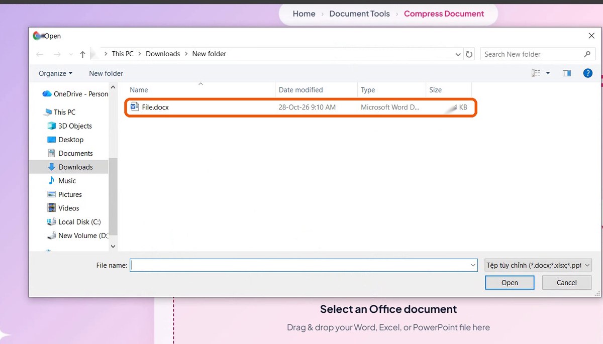 Windows file dialog with File.docx highlighted