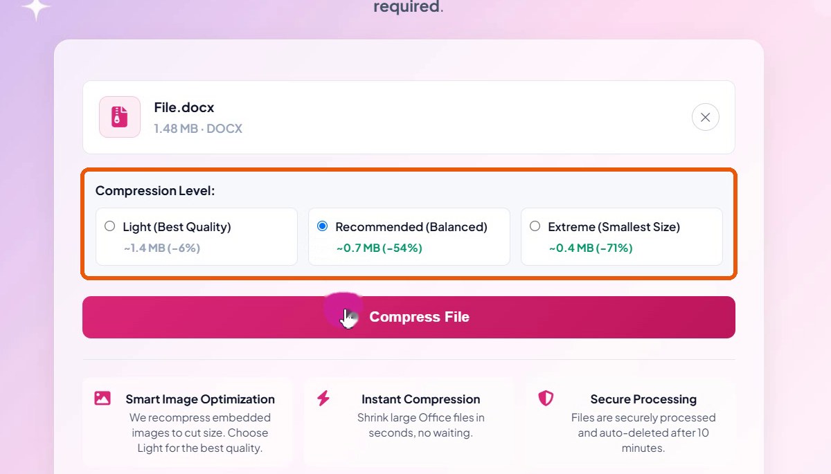 Compression level options with estimated sizes