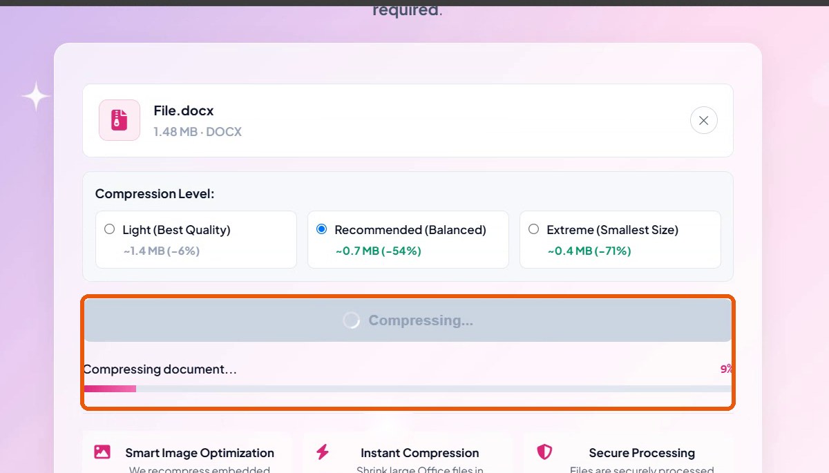 Progress bar showing Compressing document