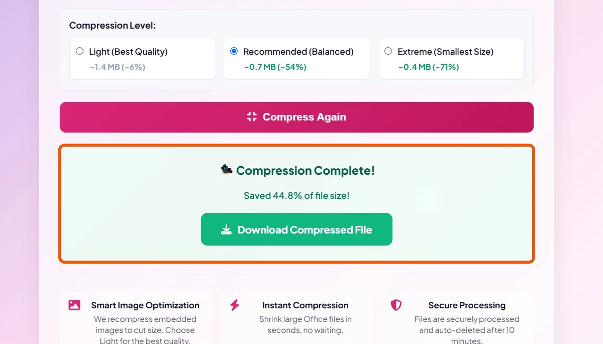 Compression Complete message with percentage saved