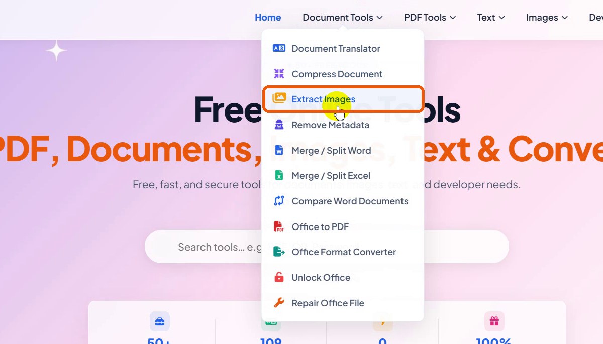 Document Tools menu with Extract Images highlighted