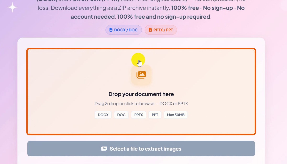 Upload area with DOCX, DOC, PPTX and PPT labels