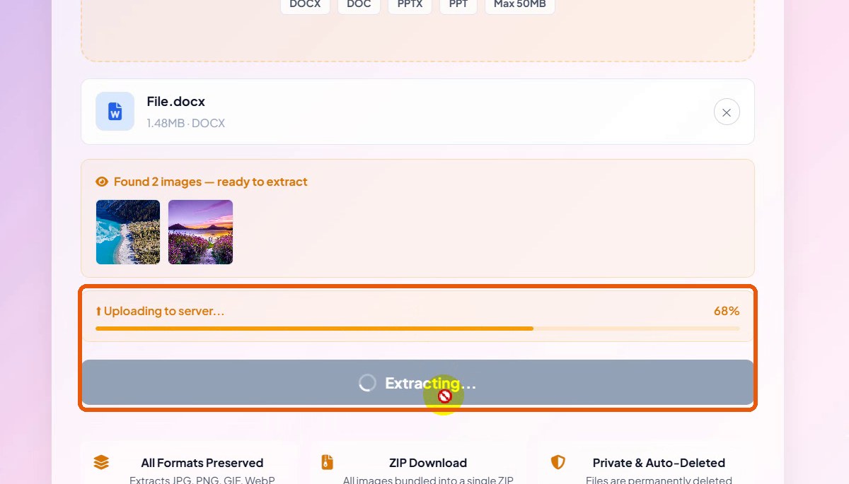 Progress area showing uploading to server and extracting
