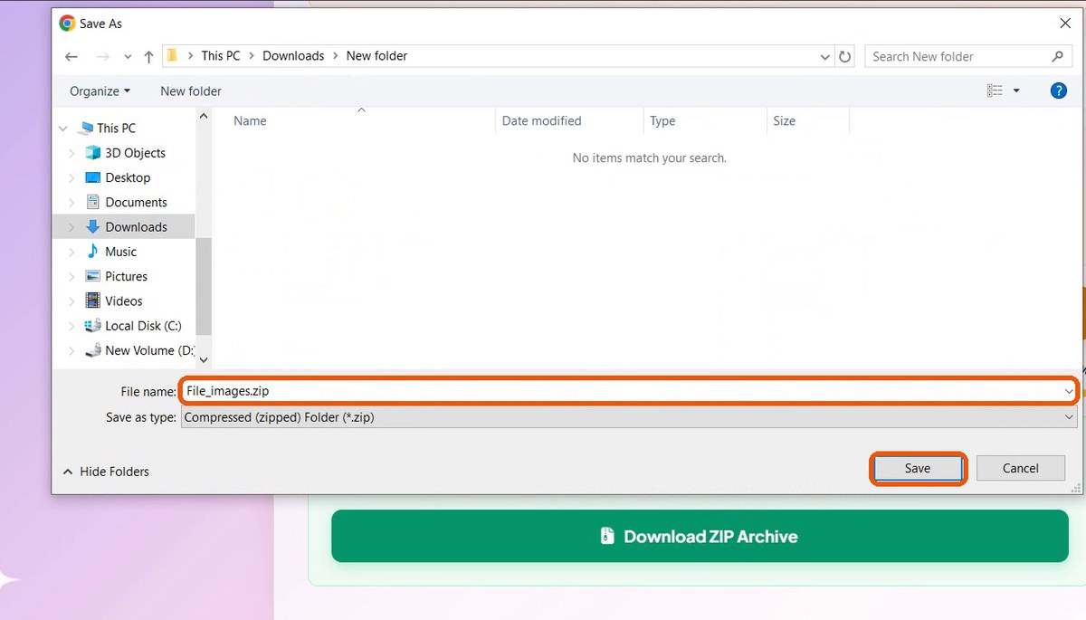 Save As dialog with file name File_images.zip and Save button highlighted