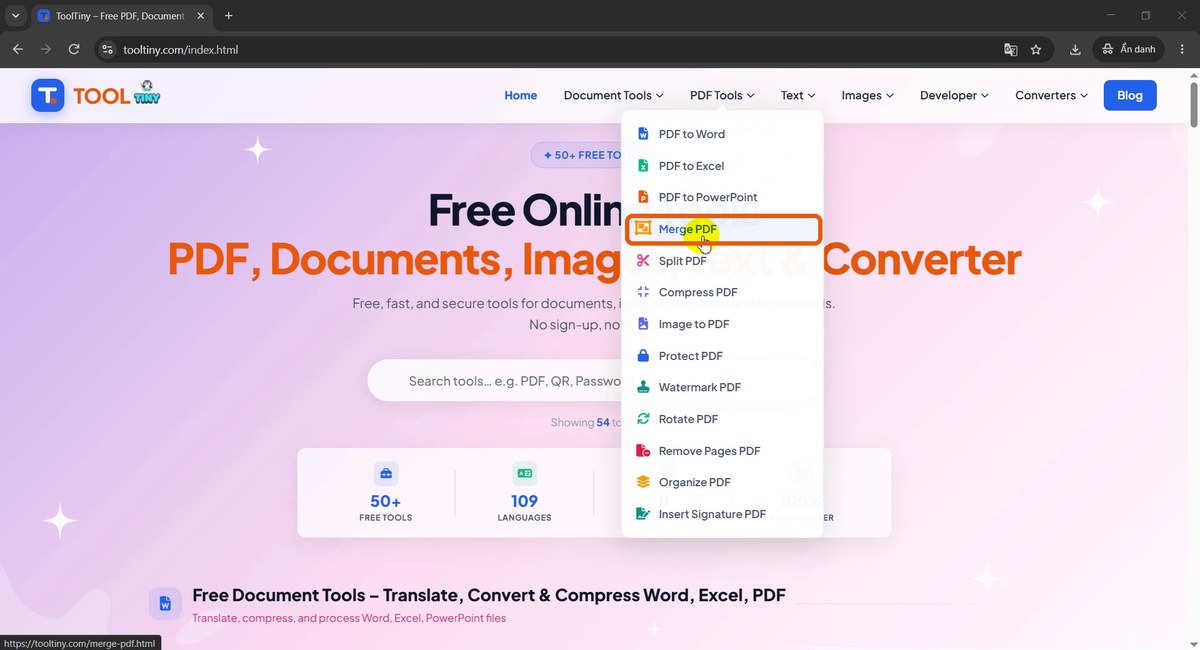 PDF Tools menu with Merge PDF highlighted