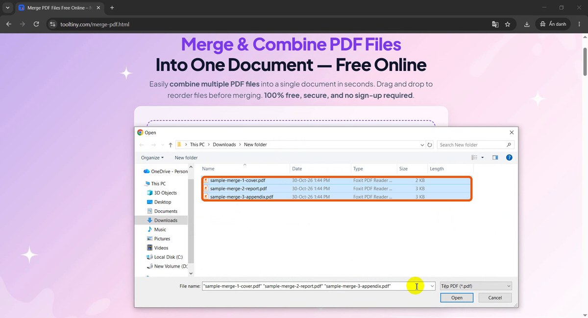 Open dialog with three PDF files selected