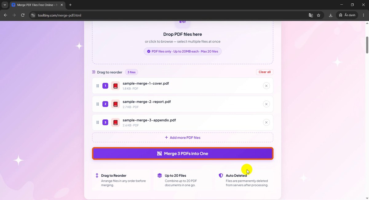 Merge 3 PDFs into One button