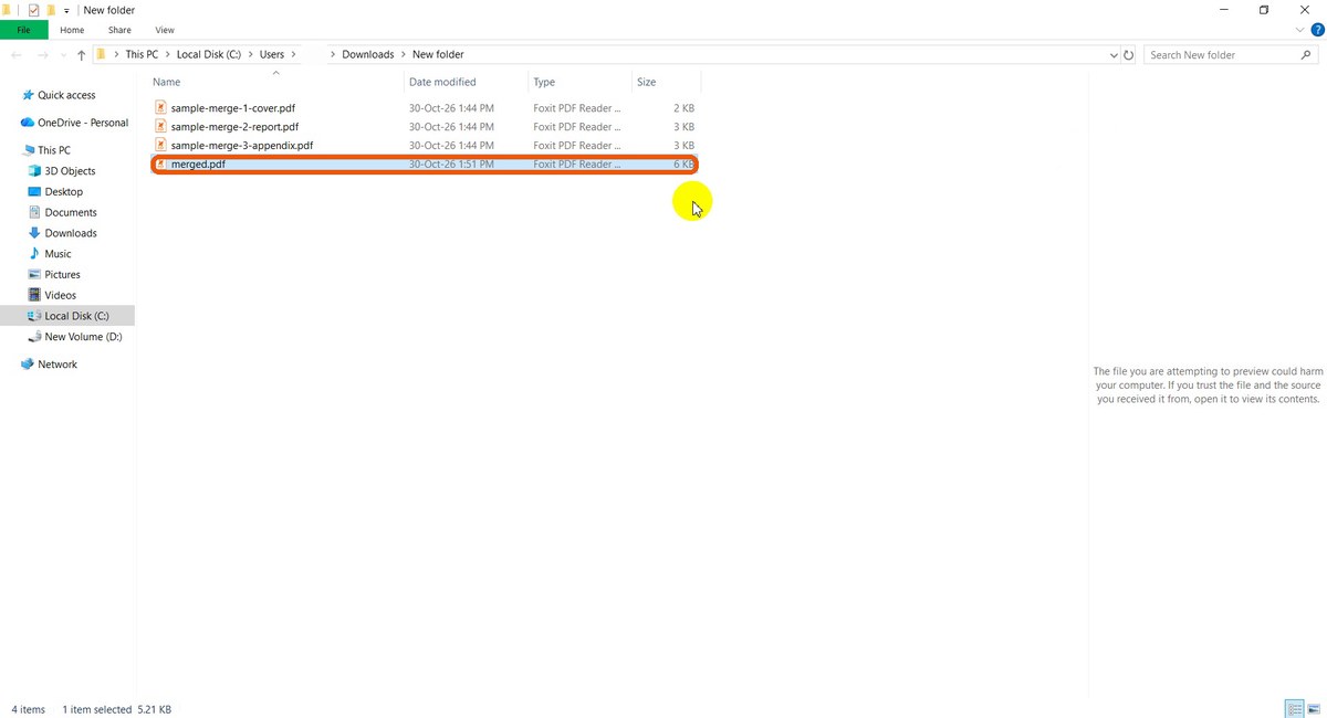 File Explorer showing merged.pdf next to the three originals
