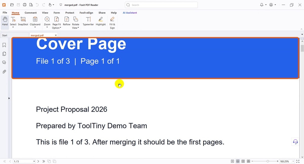 Merged PDF opened, first page is the cover