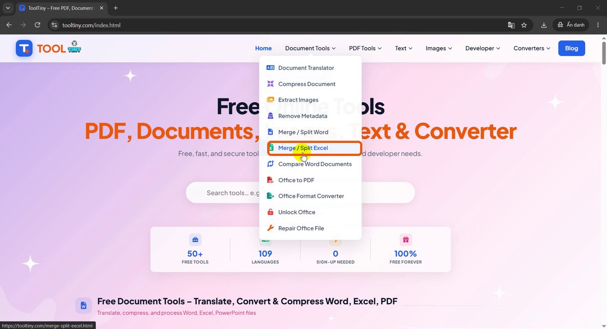 Document Tools menu with Merge / Split Excel highlighted