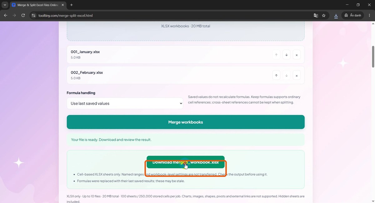 Download merged_workbook.xlsx button highlighted