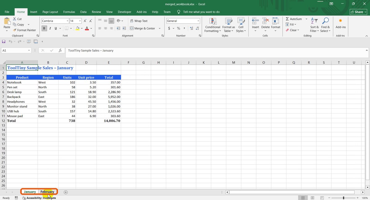 Excel showing merged_workbook.xlsx with January and February tabs