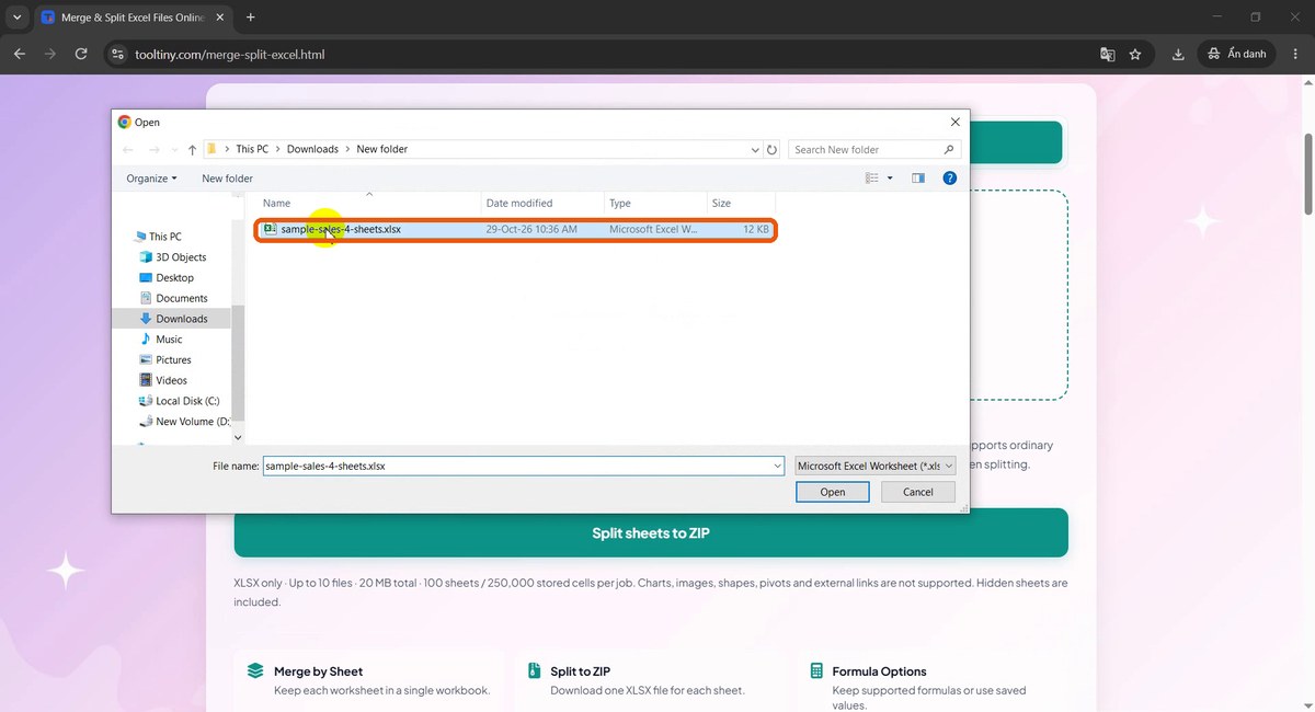 Open dialog with sample-sales-4-sheets.xlsx selected
