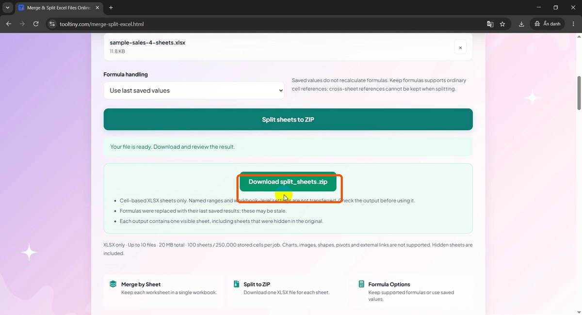 Download split_sheets.zip button highlighted