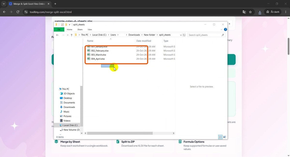 Explorer showing four extracted XLSX files