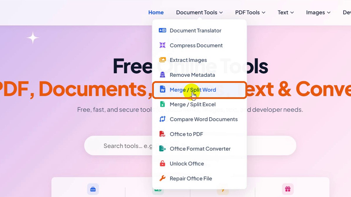 Document Tools menu with Merge / Split Word highlighted