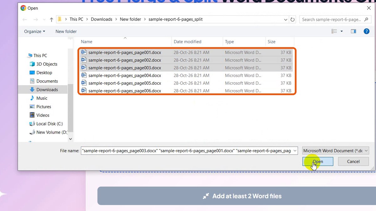 Open dialog with several split DOCX files