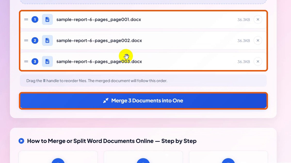 List of three files and the Merge button