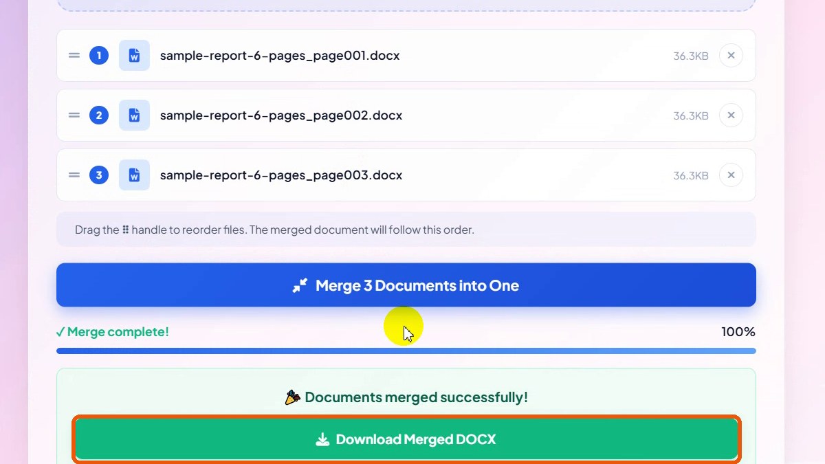 Download Merged DOCX button highlighted