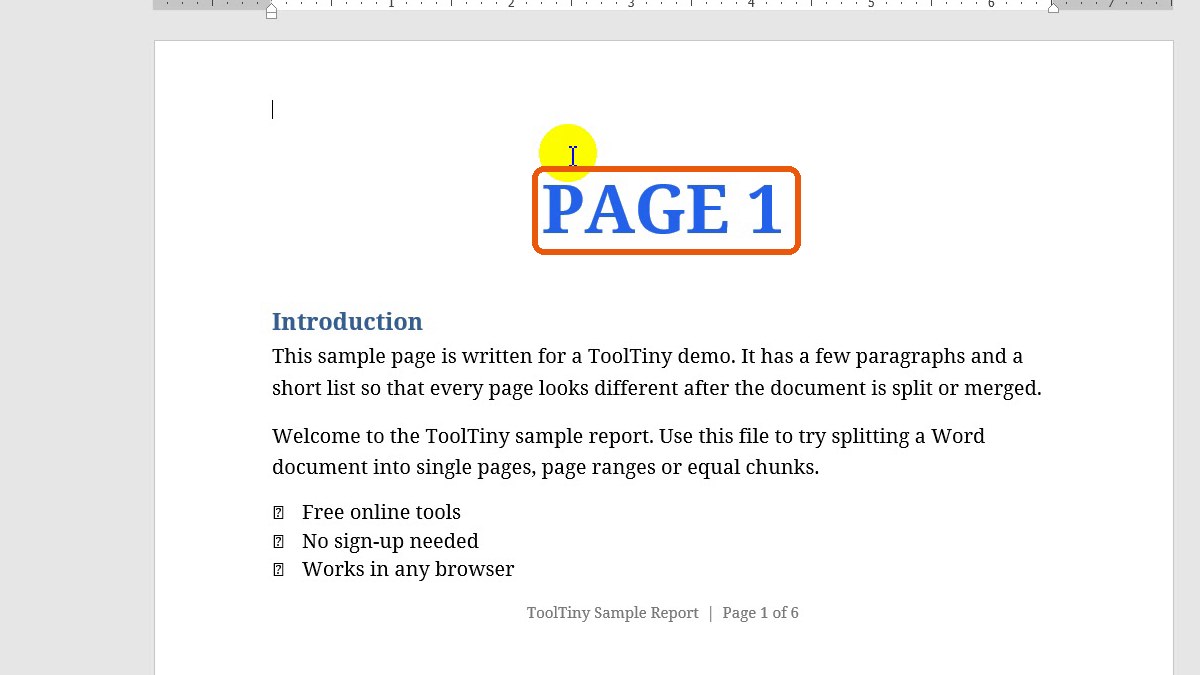 Word showing the merged document starting with Page 1
