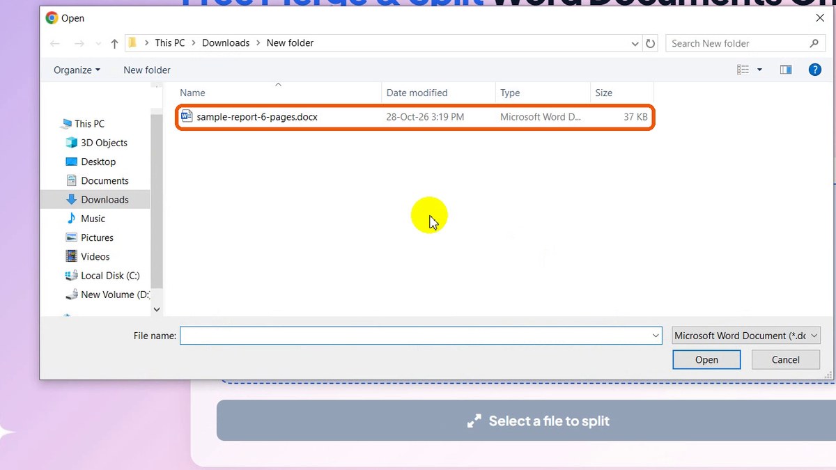 File dialog with sample-report-6-pages.docx highlighted