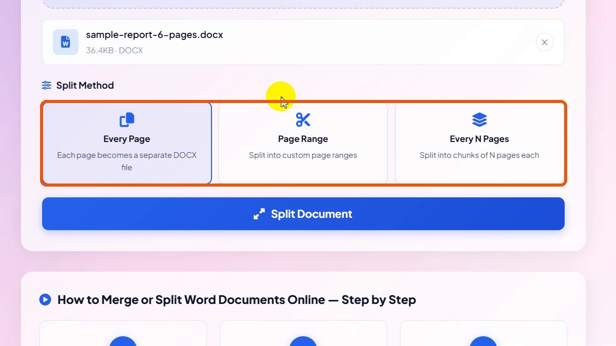 Split method cards: Every Page, Page Range, Every N Pages