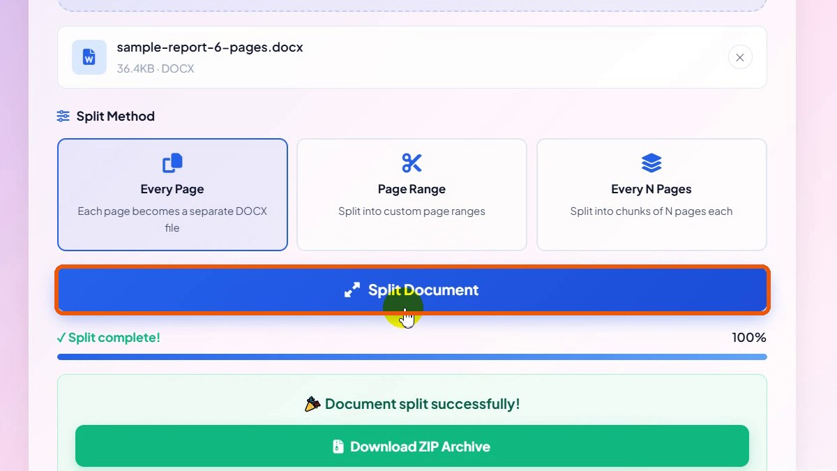 Split Document button with progress and success message