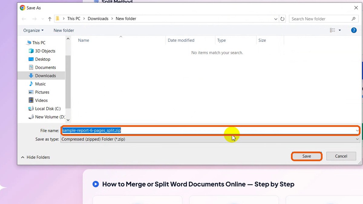 Save As dialog with sample-report-6-pages_split.zip