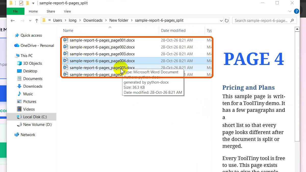 Explorer showing six split DOCX files and a preview of page 4