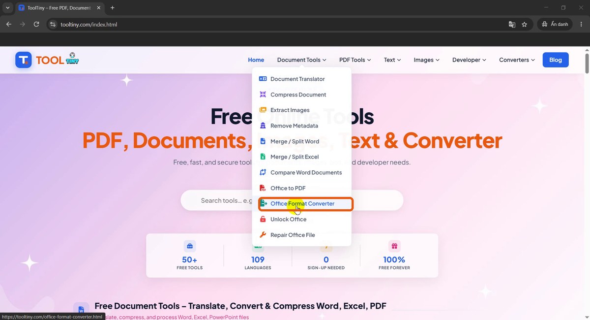 Document Tools menu with Office Format Converter highlighted