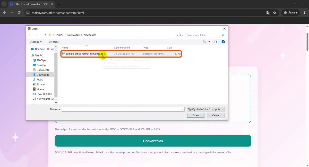 Open dialog with the .doc file selected
