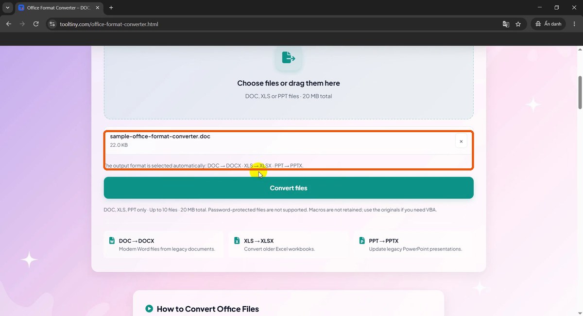 File listed above the Convert files button