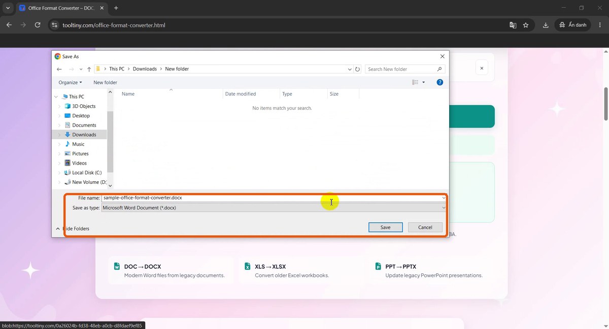 Save As dialog with the .docx file name