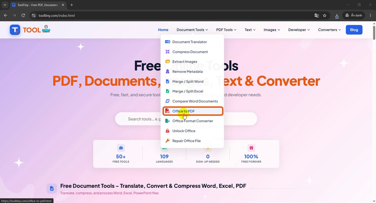 Document Tools menu with Office to PDF highlighted