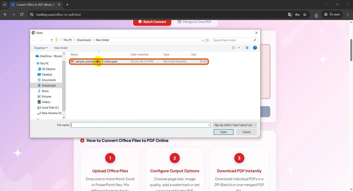 Open dialog with the PPTX file selected