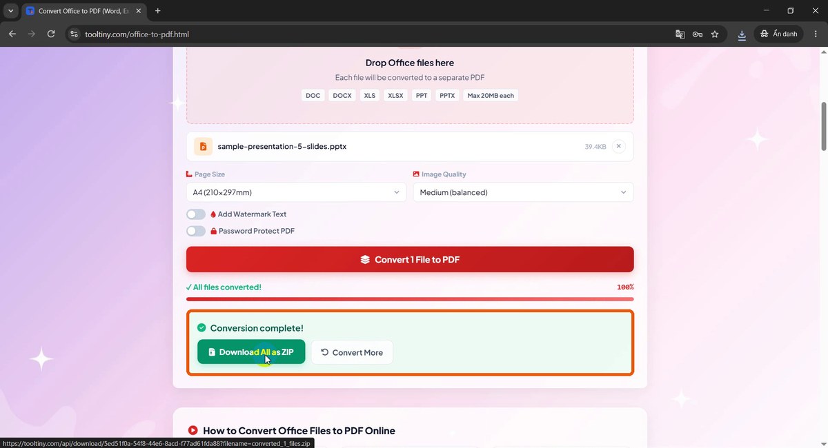 Conversion complete message with Download All as ZIP
