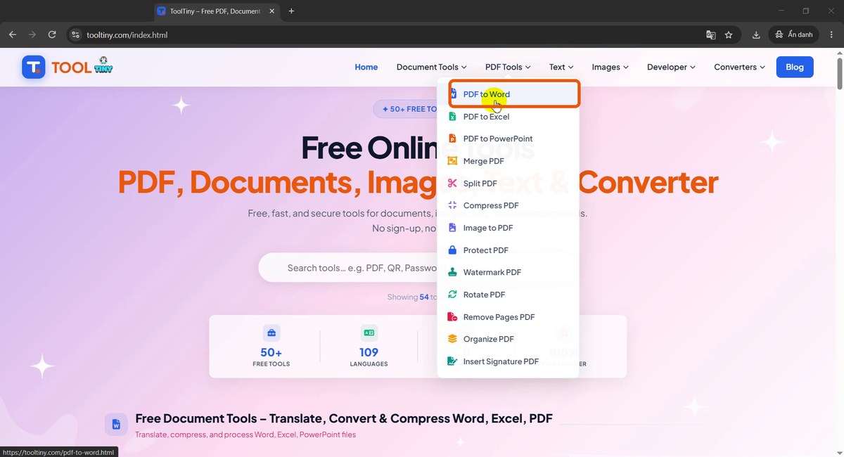 PDF Tools menu with PDF to Word highlighted
