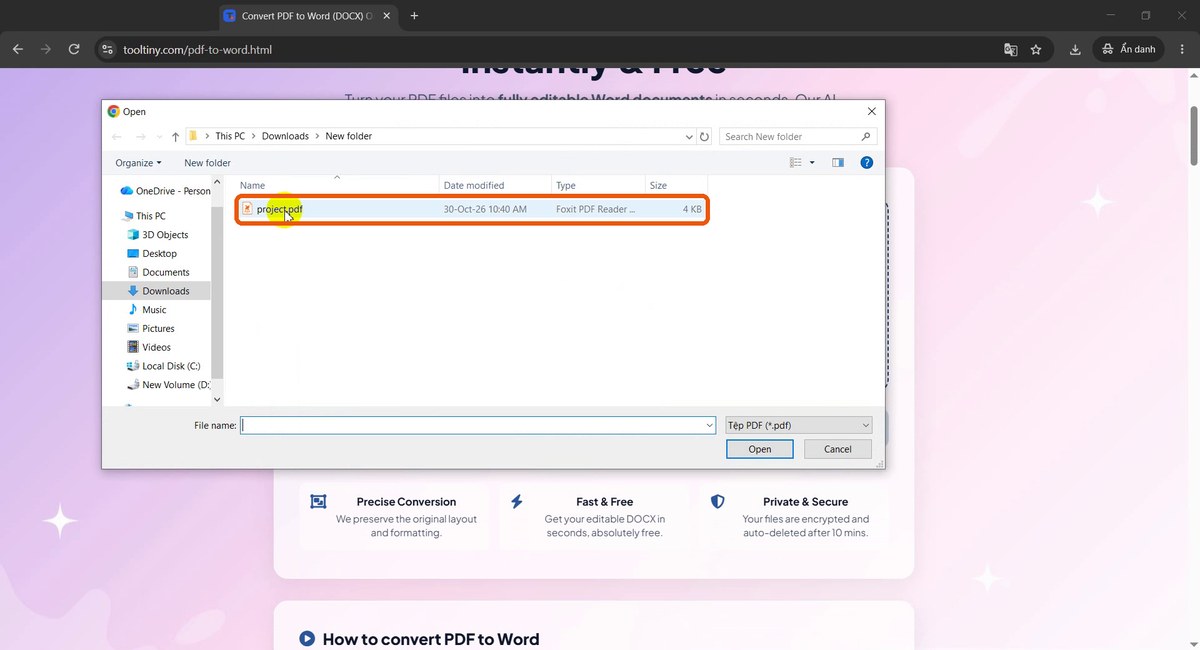 Open dialog with project.pdf selected
