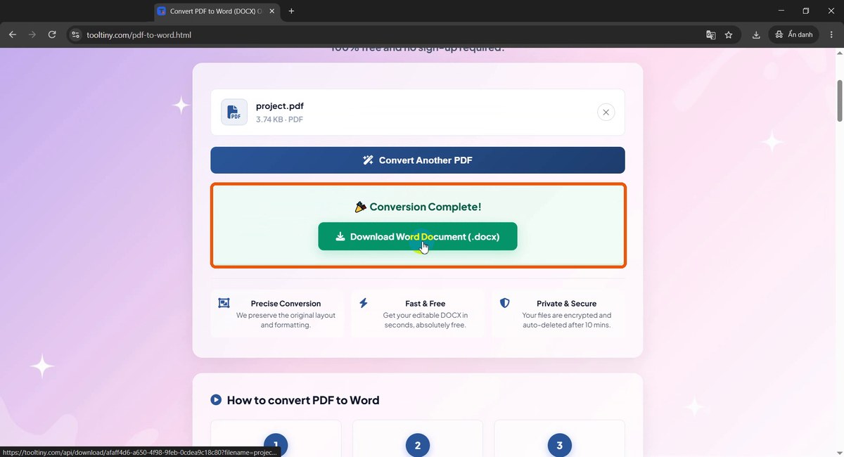 Conversion Complete with the download button