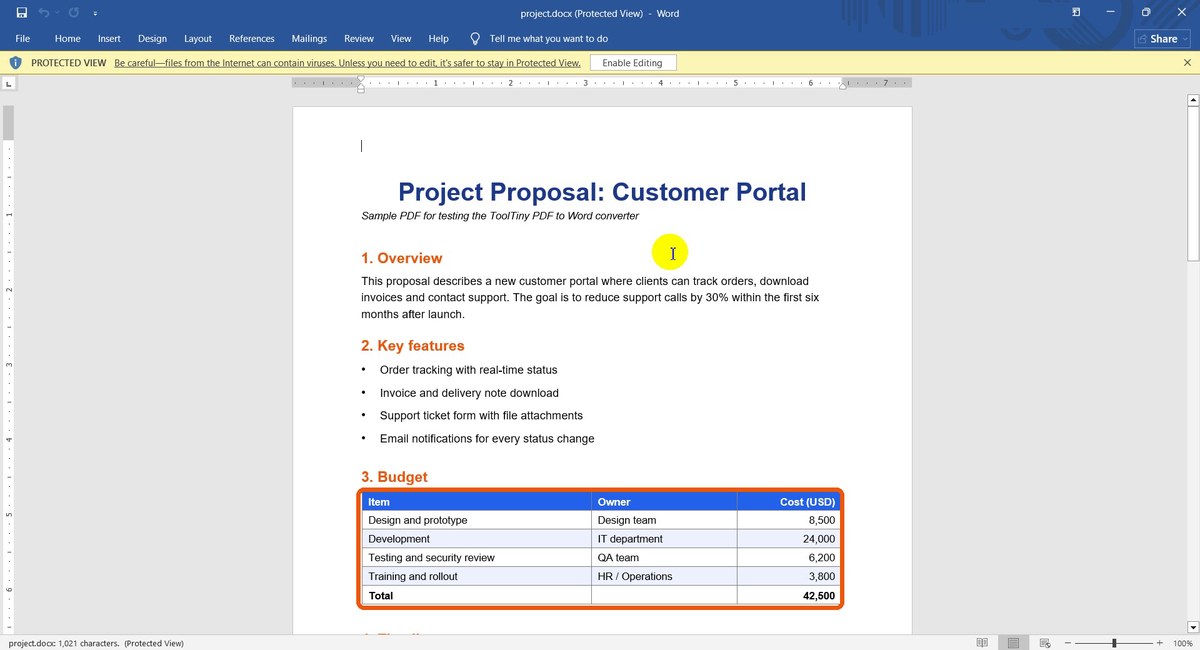 Converted Word document with title, list and table