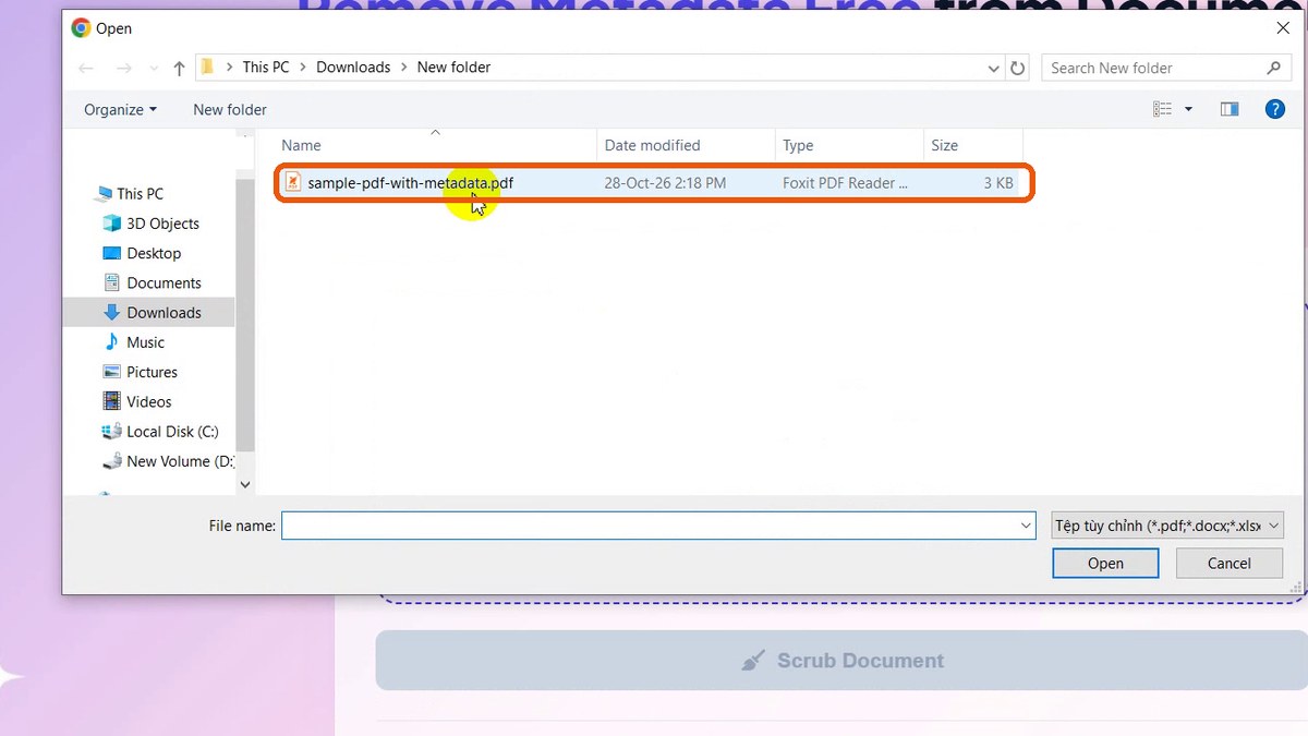 File dialog with the sample PDF highlighted